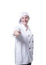 Nice young woman chef is pointing something Royalty Free Stock Photo