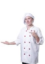 Nice young woman chef is showing something. Royalty Free Stock Photo