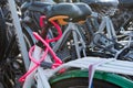 A nicely coloured pink bicycle lock Royalty Free Stock Photo
