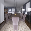 Nicely decorated luxury living, dining room. Dining table and some chairs. Interior design