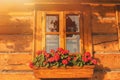 Nicely decorated window of a log cabin house. Royalty Free Stock Photo