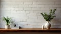 Nicely decorated wood shelf with potted plants, vase of flower, books and interior decor on white brick wall background Royalty Free Stock Photo