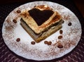 Nicely plated tiramisu cake with sprinkled cocoa and coffee beans Royalty Free Stock Photo