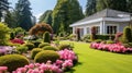 Nicely garden in front of a luxury house generated by AI tool.