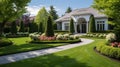 Nicely garden in front of a luxury house generated by AI tool.