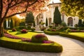 Nicely trimmed and manicured garden in front of a luxury house with AI generated