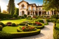 Nicely trimmed and manicured garden in front of a luxury house generated AI