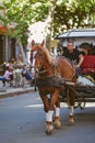 Nickolaev, Ukraine - August 30, 2020: Traditional horse and carriage. Beautiful old couch in old town. Traveling, romance, love
