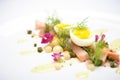 nicoise salad with quail eggs variation, shot from side profile