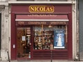 Nicolas logo on their shop on Rue de Rivoli avenue. Nicolas is a French wine retailer established worldwide