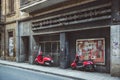 NICOSIA, CYPRUS - FEBRUARY 20, 2017: Old cinema and red moped in Nicosia, Cyprus Royalty Free Stock Photo