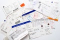 Group of airplane boarding travel pass. People traveling by plane