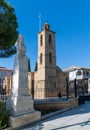 Nicosia, Cyprus - November 2. 2018. Belfry Cathedral of St. John the Divine and Monument to Archbishop Cyprian