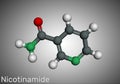 Nicotinamide, NAM, C6H6N2O molecule. It is vitamin B3 found in food, used as a dietary supplement. Molecular model