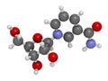 Nicotinamide riboside NR molecule. Precursor of nicotinamide adenine dinucleotide NAD. 3D rendering. Atoms are represented as