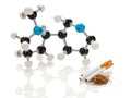 Nicotine molecule with tobacco and cigarettes Royalty Free Stock Photo