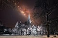 Nidaros Cathedral at night on starry sky.