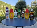 Nidri, Lefkada, Greece July 14th 2025 - Assortment of bug sprays lined up Royalty Free Stock Photo