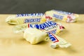 Open package of snickers in white chocolate - limited edition.