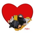 Niffler, comic, funny, cute illustration a Niffler & money & heart. Image with red heart backdrop. Valentine card illustration.