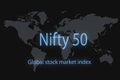 Nifty 50 Global stock market index. With a dark background and a world map. Graphic concept for your design