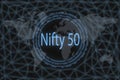 Nifty 50 Global stock market index. With a dark background and a world map. Graphic concept for your design