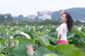 Nifty woman in lotu field Royalty Free Stock Photo