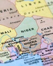 Niger and capital city Niamey in focus, officially Republic of Niger, country in West Africa. bordered by Libya, Chad, Nigeria,