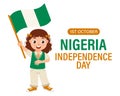 Nigeria Independence Day. Cute little girl with Nigerian flag. Cartoon illustration, banner, poster