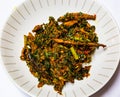 Nigeria, Yoruba cuisine; Close up a plate of Shawa Efo Riro