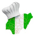 Nigerian national cuisine concept. Chef hat with map of Nigeria. 3D rendering