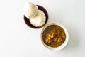 Nigerian Pounded yam wrapped in plastic served with Banga Soup