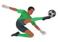 Nigerian teenager boy football goalkeeper in green sports gear kicks the ball with his foot Royalty Free Stock Photo