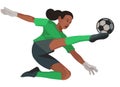 Nigerian teenager girl women\'s football goalkeeper in green sports gear kicks the ball with her foot Royalty Free Stock Photo