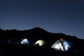 Nigh mountan landscape with tents under the stars