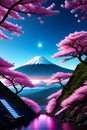 A nigh time mount Fuji, with breathtaking neon pink cherry blossoms, surreal, digital anime art, beautiful nature view, fantasy Royalty Free Stock Photo