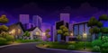 Night Scene of house in town with glowing street lamps nature park vector illustration