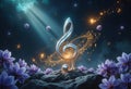 Night abstract musical background with treble clef and flowers Royalty Free Stock Photo