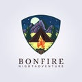 night adventure camp bonfire logo vector illustration design vintage style badge