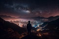 Night adventure Men standing on mountain peak ,generative AI