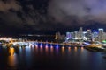 Night aerial bridges to Downtown Miami from port harbor