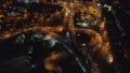 Night aerial drone shot of Istanbul, Turkie. From above, city centre, downtown. Road, car traffic.