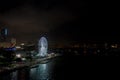 Night aerial panorama Miami Skyviews ferris wheel at Bayside Marketplace reflection in water Royalty Free Stock Photo