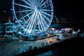 Night aerial panorama Miami Skyviews ferris wheel at Bayside Marketplace reflection in water Royalty Free Stock Photo