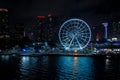 Night aerial panorama Miami Skyviews ferris wheel at Bayside Marketplace reflection in water Royalty Free Stock Photo