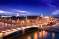 Night aerial panorama to Bolshoy Moskvoretsky Bridge, towers of Moscow Kremlin and Saint Basil Cathedral Royalty Free Stock Photo