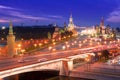 Night aerial panorama to Bolshoy Moskvoretsky Bridge, towers of Moscow Kremlin and Saint Basil Cathedral Royalty Free Stock Photo