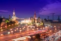 Night aerial panorama to Saint Basil Cathedral, Bolshoy Moskvoretsky Bridge and towers of Moscow Kremlin