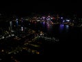 Night aerial shot over Hong Kong bay Royalty Free Stock Photo