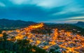 Night aerial view of Capdepera castle and Capdepera town, Mallorca, Spain Royalty Free Stock Photo